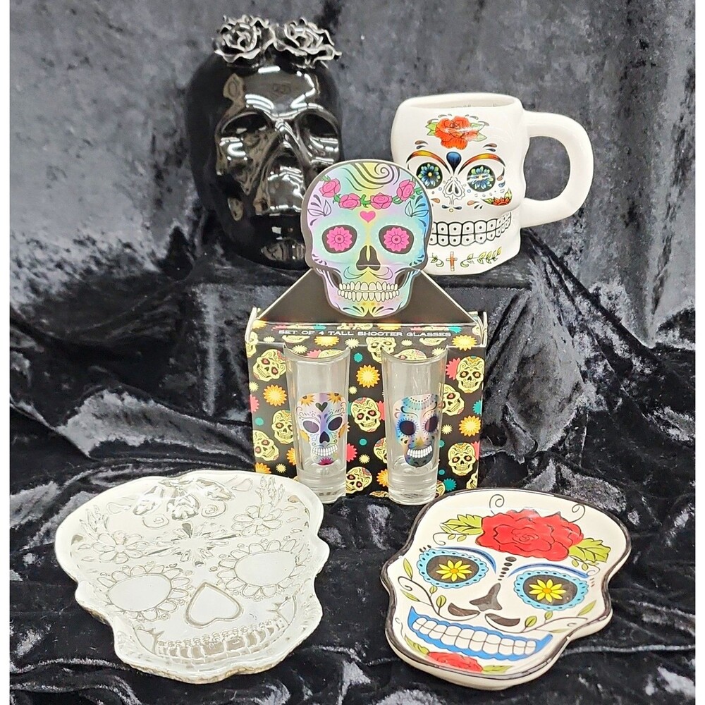Day of the Dead Mexican Sugar Skull Lot Mug Plates Shot Glasses Skull Statue